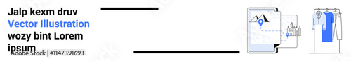 Smartphone screen shows navigation map with location pin, leading to clothing selection on a hanger. Ideal for online shopping, e-commerce, clothing apps, navigation, mobile interfaces, user