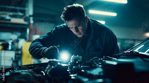 Mechanic in workshop inspecting car engine with flashlight, focusing on engine details, well-lit garage with tools and parts scattered around.

