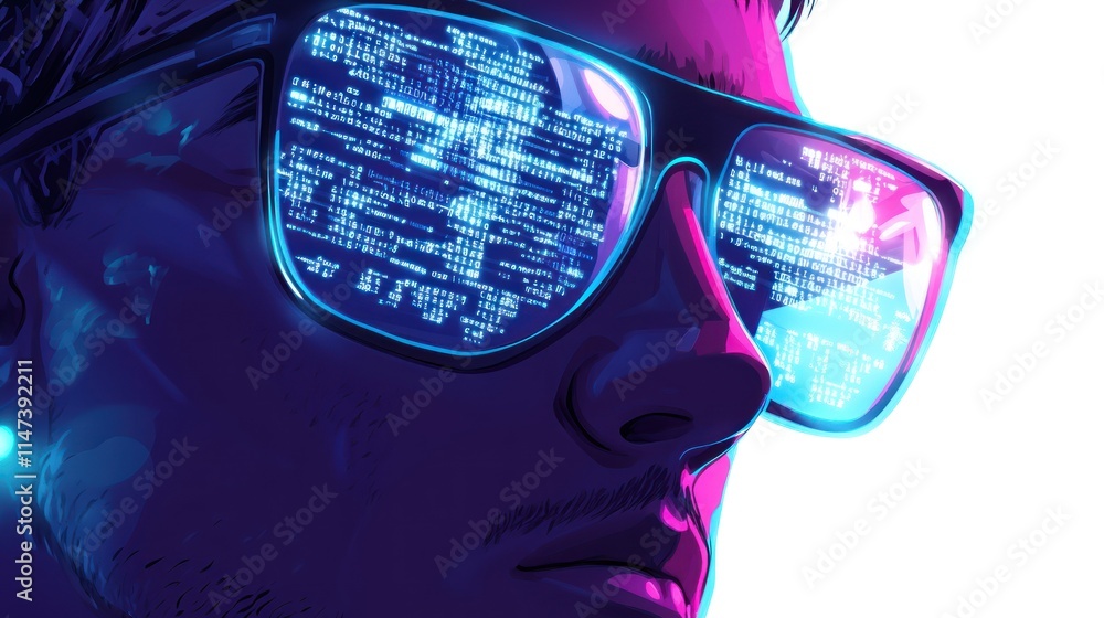 Close-up of a man's face, wearing sunglasses reflecting digital code. Close-up of a man's face, wearing sunglasses reflecting digital code.