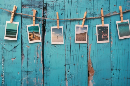 Polaroid photos display on a string with clothespins against a vibrant blue wooden background. Generative AI photo