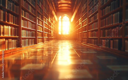 Quiet library aisle with sunlight filtering through, warm light shining over neatly stacked books, creating a peaceful and inviting setting, Generative AI illustration photo