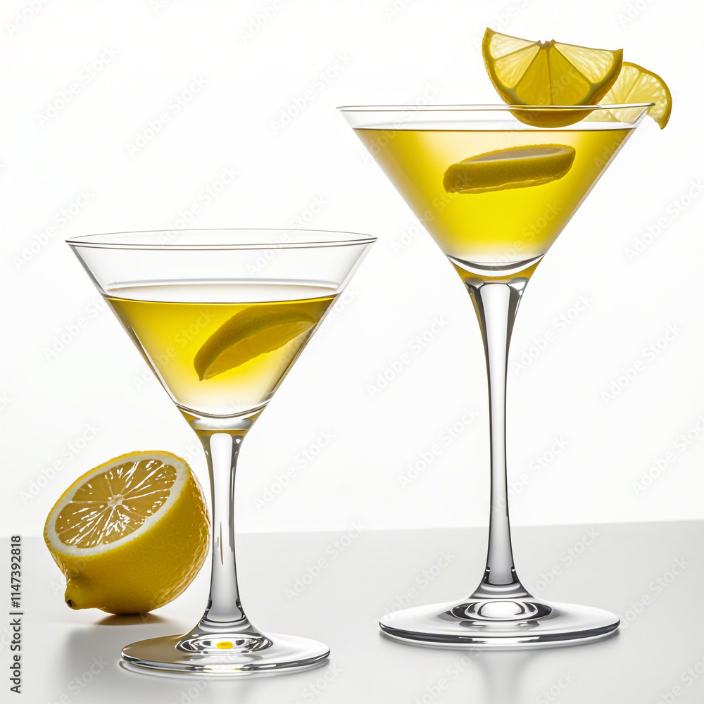one martini glasses filled a lemon juice, on white background one martini glasses filled a lemon juice, on white background