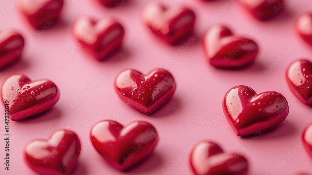 Red Heart-Shaped Candies Arranged on a Soft Pink Background Red Heart-Shaped Candies Arranged on a Soft Pink Background