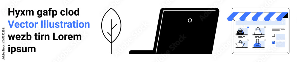 Black leaf outline, open laptop, online shopping website layout, and sample text highlighting vector illustration. Ideal for e-commerce, web design, technology, sustainability, online business Black leaf outline, open laptop, online shopping website layout, and sample text highlighting vector illustration. Ideal for e-commerce, web design, technology, sustainability, online business