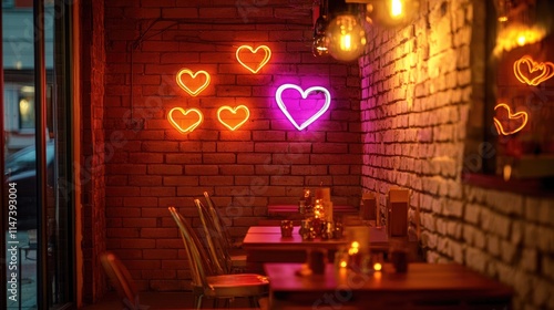 Cozy cafe interior with neon hearts and ambient lighting