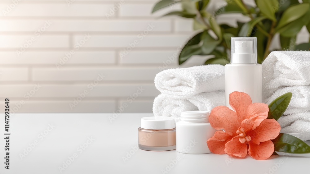 Skin and Plastic Surgery Concept, Soothing Recovery Area with Towels, Skincare Products, and Flowers for Post-Surgery Care and Relaxation Skin and Plastic Surgery Concept, Soothing Recovery Area with Towels, Skincare Products, and Flowers for Post-Surgery Care and Relaxation
