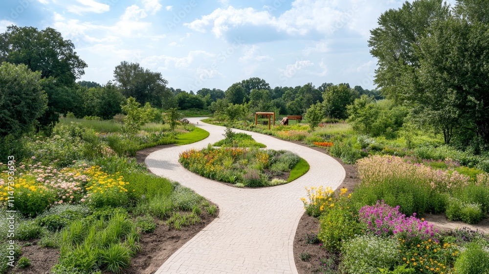 Obraz premium A path through a garden with a bench and a few trees