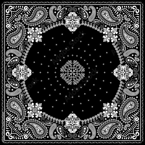 Bandana paisley square ethnic floral hand drawn pattern.Ornament classic vintage vector elements white on black background.Design for scarf,headscarf,kerchief,hijab,tablecloth,print fabric,decoration.