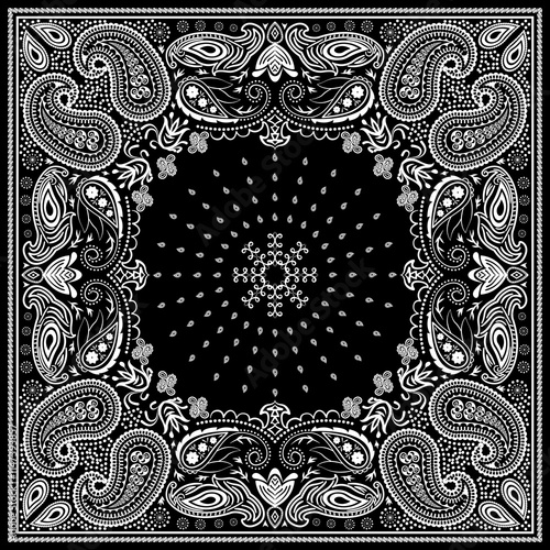 Bandana paisley square ethnic floral hand drawn pattern.Ornament classic vintage vector elements white on black background.Design for scarf,headscarf,kerchief,hijab,tablecloth,print fabric,decoration.