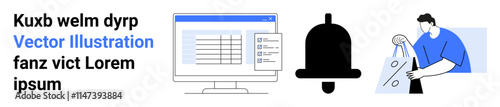 Computer screen with spreadsheet, notification bell icon, person holding shopping bags and card. Ideal for online shopping, e-commerce, notifications, checkout processes, security, retail customer