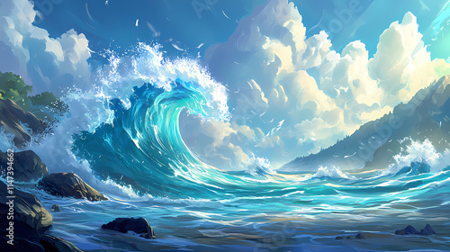 A wave crashes over rocks in the shallows of the sea, creating a spray of water and light. Shallows. Illustration