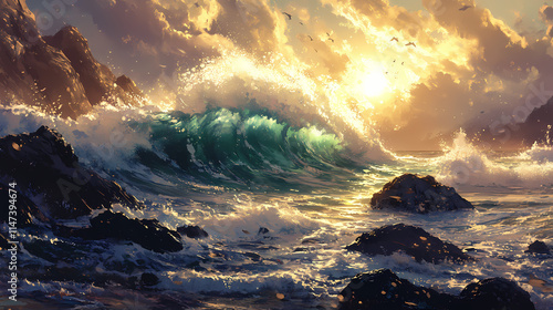 A wave crashes over rocks in the shallows of the sea, creating a spray of water and light. Shallows. Illustration