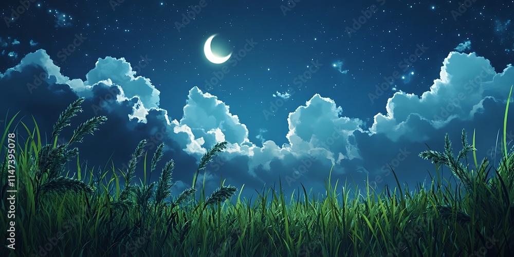 Naklejka premium Nighttime Grassland Scene Under Crescent Moon And Stars