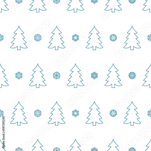 blue snowflakes and fir-tree outlines. white winter repetitive background. vector seamless pattern. fabric swatch. wrapping paper. continuous print. design element for ad, textile, greeting card