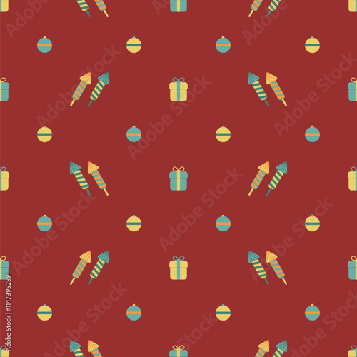 holiday gifts, petards, new year balls. vector seamless pattern. festive repetitive background. yellow, blue maroon fabric swatch. wrapping paper. flat design template for greeting card, textile