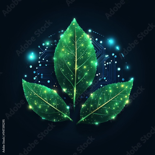 Glowing leaves with digital circuitry background. photo