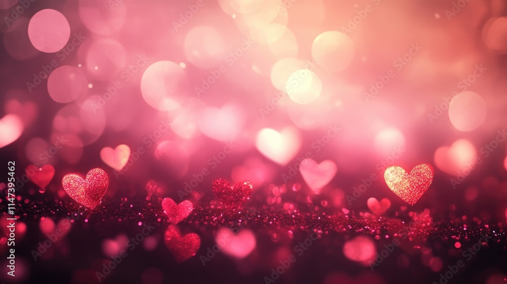 Glimmering Hearts and Shimmering Lights on a Soft Pink Background