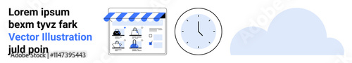 Online storefront with awning, computer screen displaying shopping items, an analog clock, and a cloud. Ideal for time management, online shopping, cloud computing, digital marketing, business