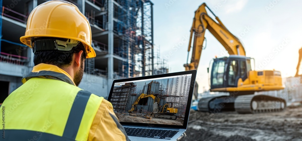 A construction worker monitors equipment on a laptop at a construction site. A construction worker monitors equipment on a laptop at a construction site.