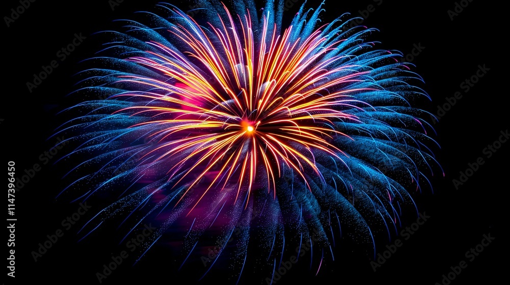 Vibrant Fireworks Display: A Burst of Blue, Orange, and Pink Light Vibrant Fireworks Display: A Burst of Blue, Orange, and Pink Light