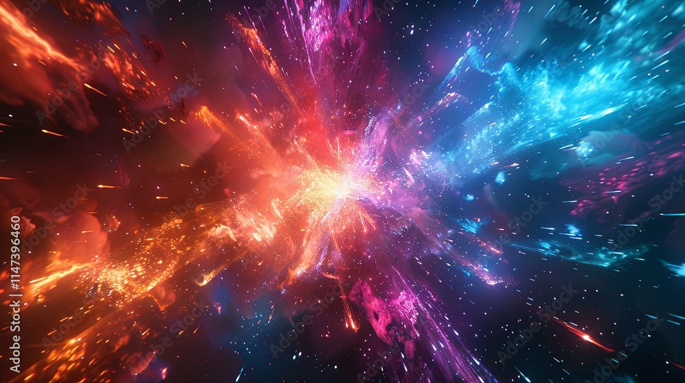 Cosmic Explosion: A vibrant nebula of red, pink, and blue energy. Cosmic Explosion: A vibrant nebula of red, pink, and blue energy.