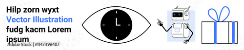 Robot points at clock inside an eye, alongside a blue outlined gift box and a block of text. Ideal for technology, time management, surveillance, AI, gifts, presentations education. Landing page