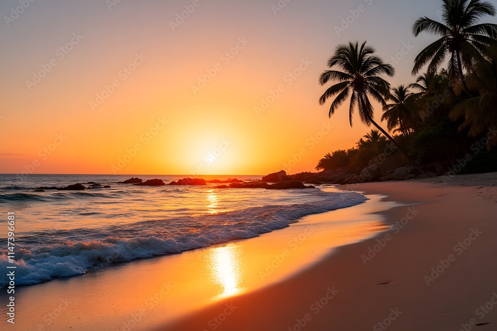 Obraz premium Tranquil Beach Scene with Orange Sunset Glow and Palm Tree Silhouettes