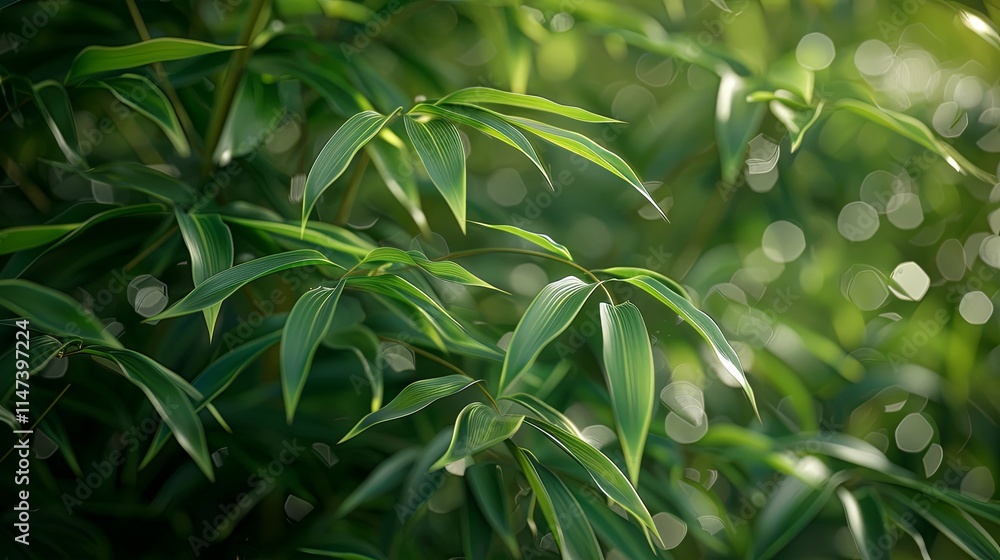 Fototapeta premium Lush Green Bamboo Leaves in Sunlight, Detailed Close-up