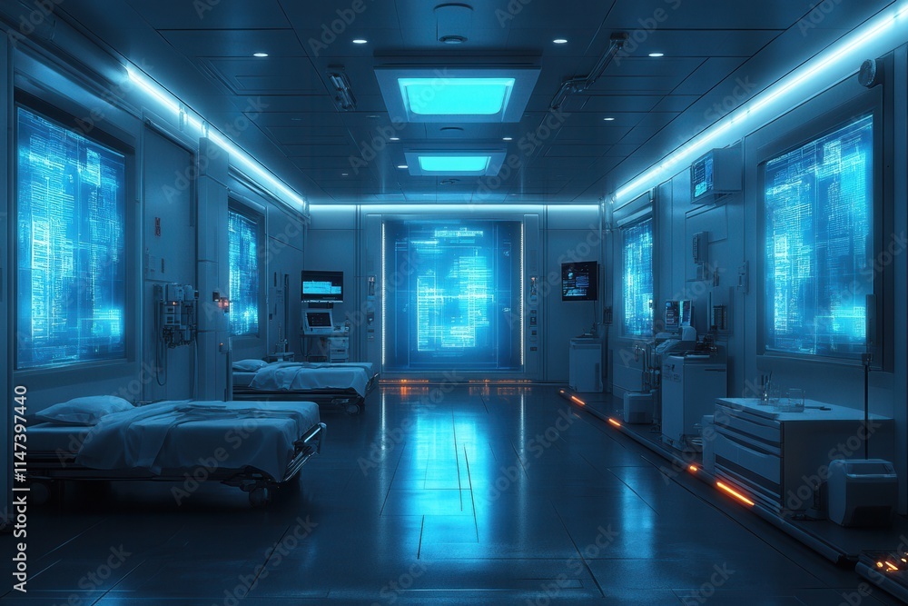 A futuristic hospital room with advanced technology and glowing blue lights. A futuristic hospital room with advanced technology and glowing blue lights.