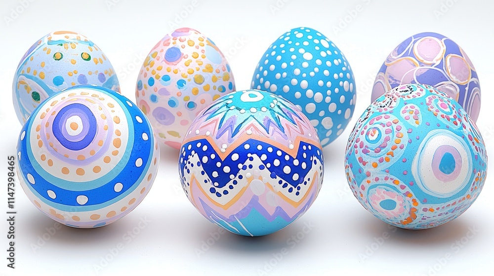 Six pastel-colored Easter eggs with various patterns. Six pastel-colored Easter eggs with various patterns.