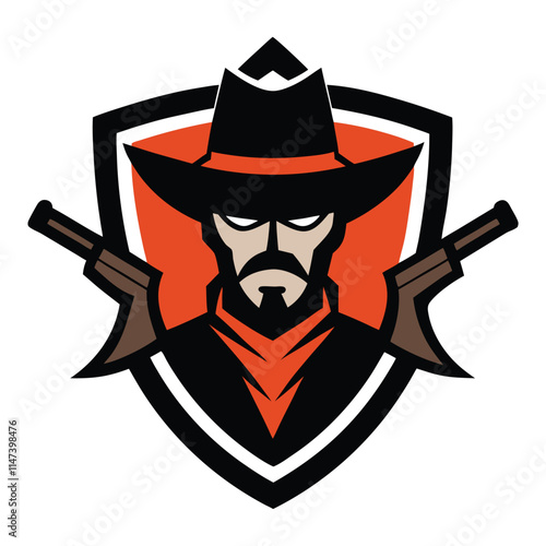 A bold cowboy mascot logo featuring a rugged cowboy holding pistols, dressed in a western hat, bandana, and boots, exuding toughness and wild west spirit. photo