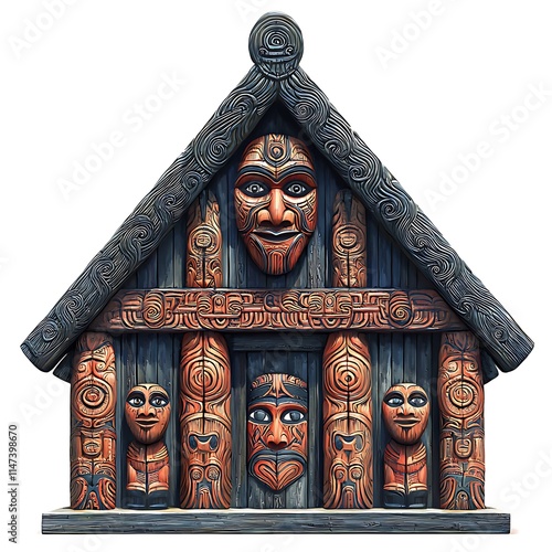 Intricately Carved Maori House Facade with Traditional Masks and Patterns. photo