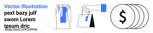 Clothes on rack, hand holding shopping bags, dollar coin icon. Ideal for retail, e-commerce, online shopping, fashion, consumerism sales marketing materials. Landing page