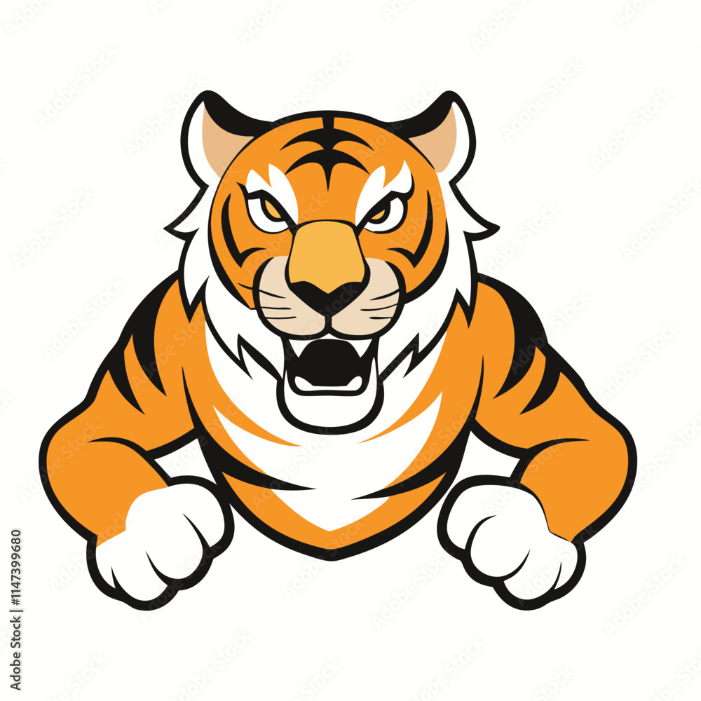 Obraz premium A playful tiger mascot logo featuring a cute, energetic tiger running with a joyful expression, vibrant orange and black stripes, and a dynamic, fun design perfect for branding.