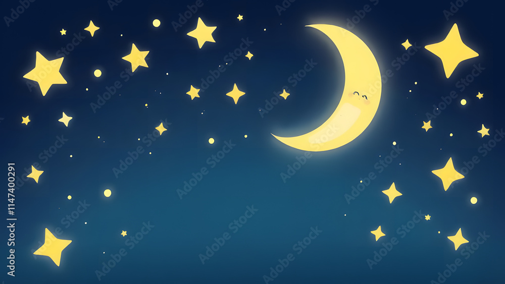 Fototapeta premium Cartoon-style crescent moon surrounded by star clusters and light sparkles in a whimsical night setting