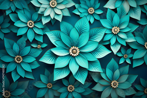 Classic Blue Kaleidoscope Flower Pattern on Teal Background for Home Decor, Branding, Packaging, Textile Design, Digital Art, Ads, Social Media, Stationery