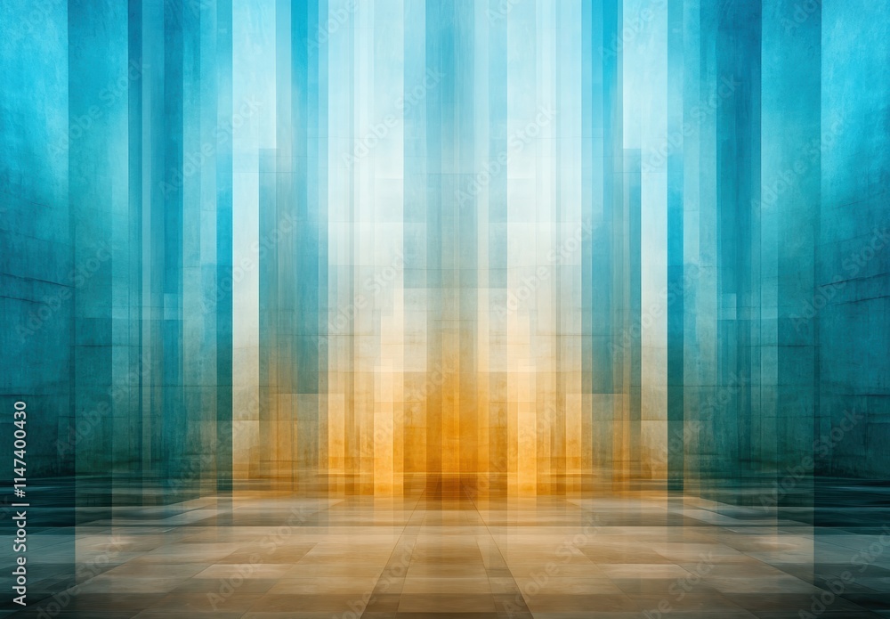 Abstract Cityscape, Teal and Gold Vertical Lines Converge on a Reflective Floor Abstract Cityscape, Teal and Gold Vertical Lines Converge on a Reflective Floor