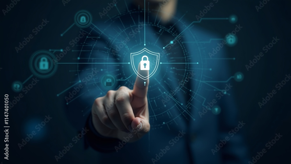 hand with one finger pointing touching a cyber security and data protection virtual shield on the internet. Cybersecurity technology hand with one finger pointing touching a cyber security and data protection virtual shield on the internet. Cybersecurity technology