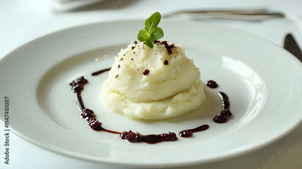 Delicious mashed potatoes with berry sauce fine dining restaurant food presentation elegant setting close-up shot Delicious mashed potatoes with berry sauce fine dining restaurant food presentation elegant setting close-up shot