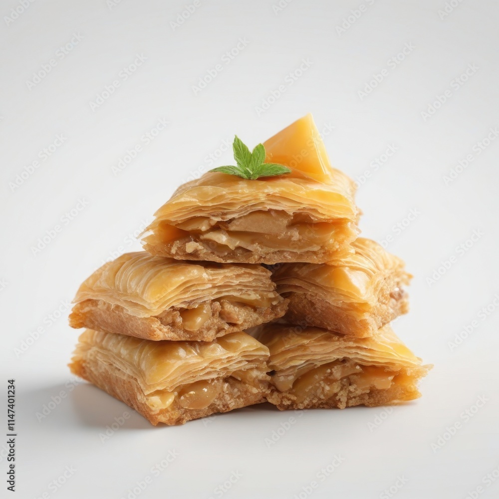 A stack of golden, flaky baklava layers filled with sweet syrup and nuts, topped with a caramel wedge and mint leaf for a gourmet presentation. Generative, AI, A stack of golden, flaky baklava layers filled with sweet syrup and nuts, topped with a caramel wedge and mint leaf for a gourmet presentation. Generative, AI,