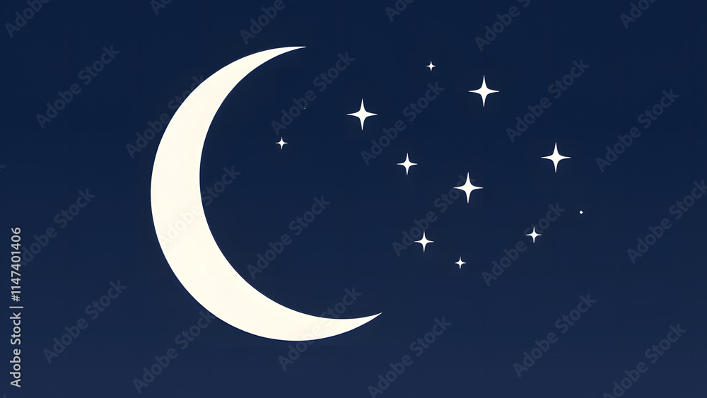 Naklejka premium Crescent moon and twinkling stars in flat style, featuring clean lines and simple shapes