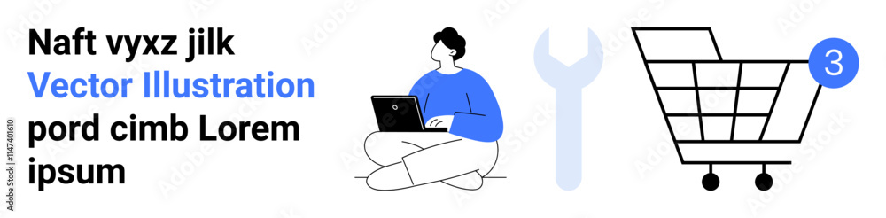 Person using laptop with text, shopping cart with notification icon, and wrench icon. Ideal for tech support, online shopping, e-commerce, customer service, digital marketing, product support Person using laptop with text, shopping cart with notification icon, and wrench icon. Ideal for tech support, online shopping, e-commerce, customer service, digital marketing, product support