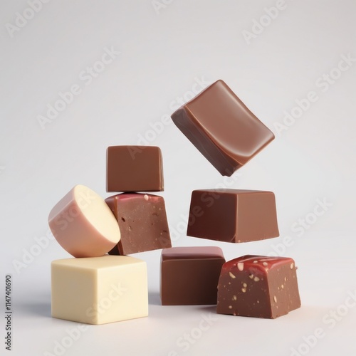 A selection of assorted chocolate fudge pieces in varying shades of milk, dark, and white chocolate, stacked and floating artistically on a neutral background. Generative, AI,