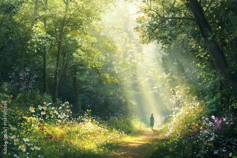 An enchanting illustration of a tranquil forest path, lined with trees and wildflowers. A person walks mindfully along the path, taking in the beauty of nature. Soft rays of sunlight filter through An enchanting illustration of a tranquil forest path, lined with trees and wildflowers. A person walks mindfully along the path, taking in the beauty of nature. Soft rays of sunlight filter through