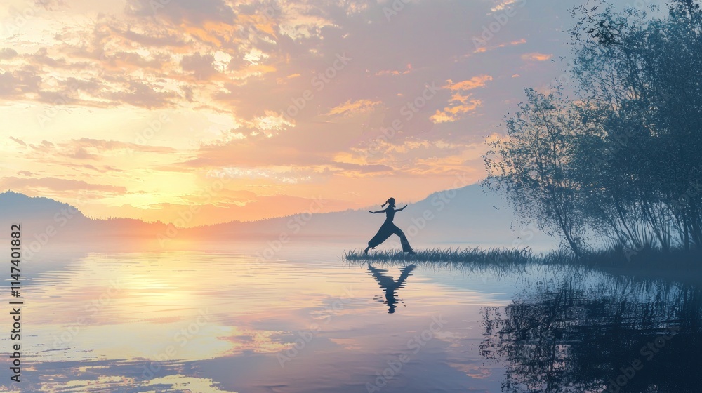 Obraz premium A calming illustration of a person practicing tai chi by a serene lake at sunset. The soft colors of the sky reflect on the water, creating a peaceful backdrop. The figures graceful movements embody