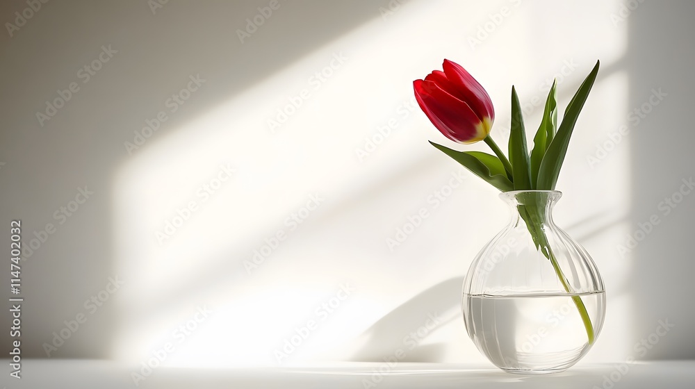 Elegant red tulip in a glass vase minimalist interior still life photography bright natural light Elegant red tulip in a glass vase minimalist interior still life photography bright natural light