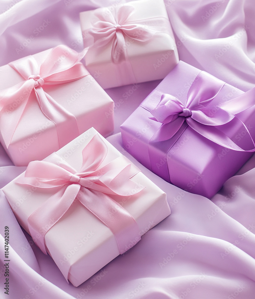 Gift boxes with ribbons, pastel pink and purple tones Gift boxes with ribbons, pastel pink and purple tones