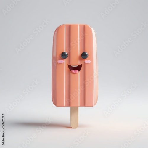 A cheerful orange popsicle with a cartoon face, smiling with rosy cheeks and bright eyes, standing upright on a wooden stick in a fun and whimsical design. Generative, AI,  
