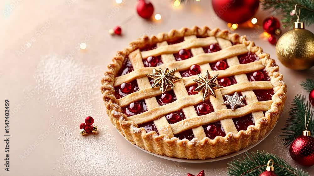 Festive cherry pie decorated for the holiday season Festive cherry pie decorated for the holiday season