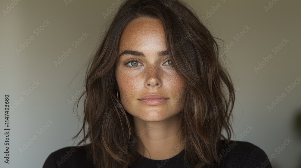 Close-up portrait of a young woman with shoulder-length wavy brown hair and subtle makeup. Close-up portrait of a young woman with shoulder-length wavy brown hair and subtle makeup.